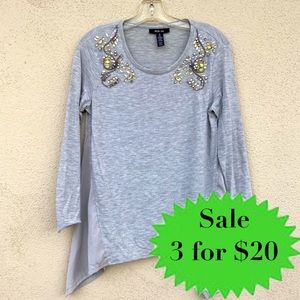 Style & Co rhinestone top blouse asymmetrical gray shirt floral stretch womens M